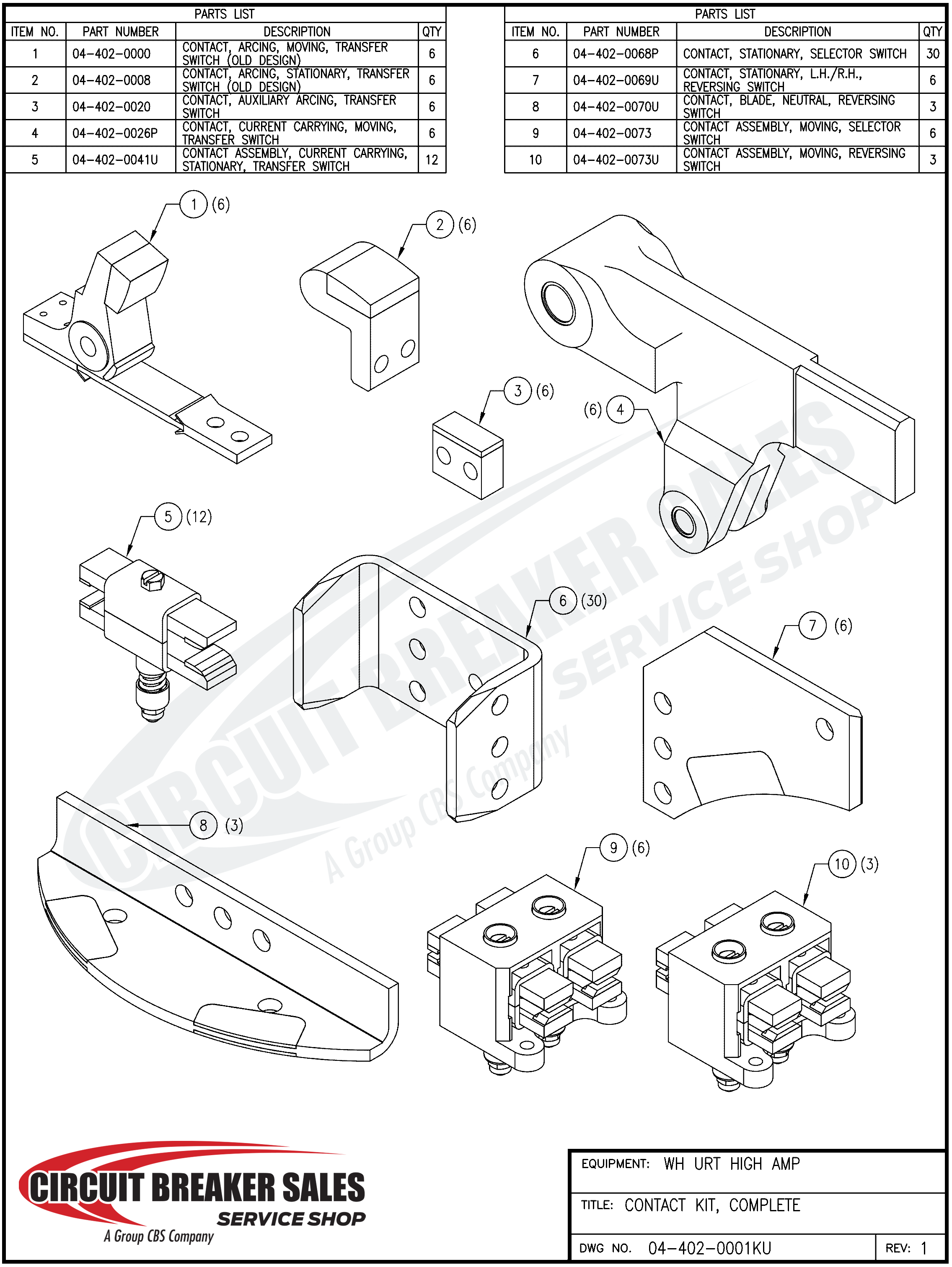 Westinghouse URT High Amp Series Moving Reversing Switch Contact Assembly